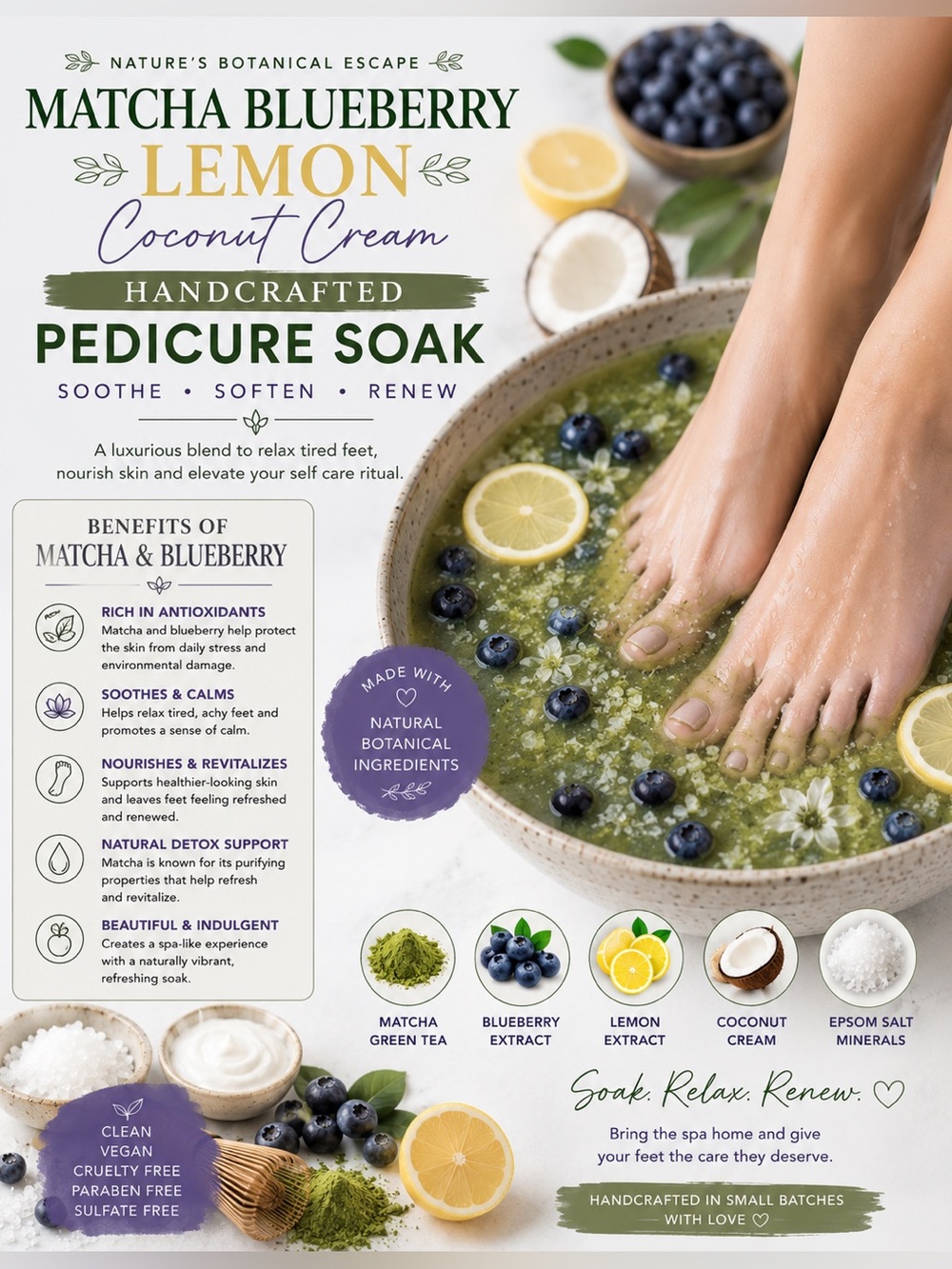 Handcrafted Matcha Blueberry Lemon Coconut Cream Pedicure Soak